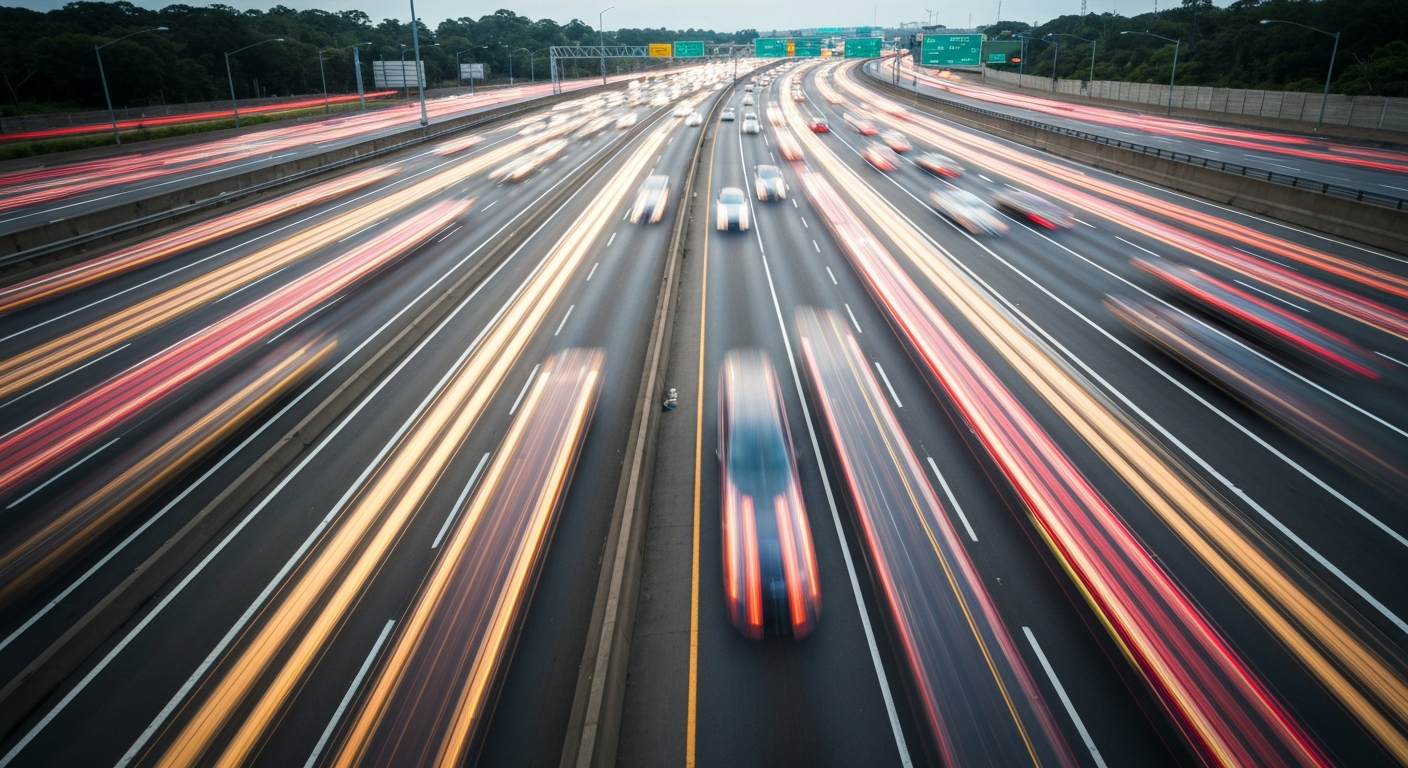 An abstract, colorful image with sweeping brush strokes and blurred motion, conceptually representing the traffic chaos and disruption caused by the closure of a busy interstate highway for a bridge construction project.