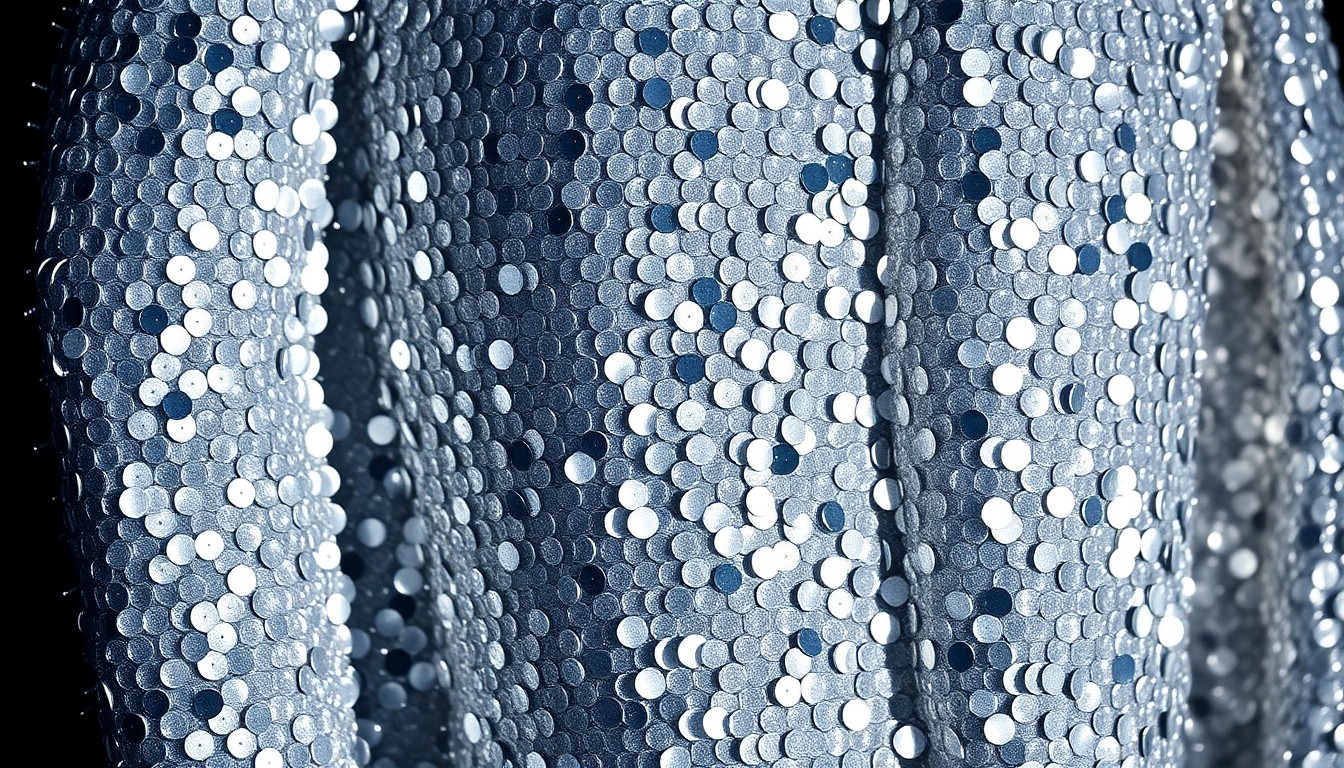 An abstract close-up image of shimmering silver sequins and metallic textures, capturing the glamorous essence of Karol G's Coachella performance looks.