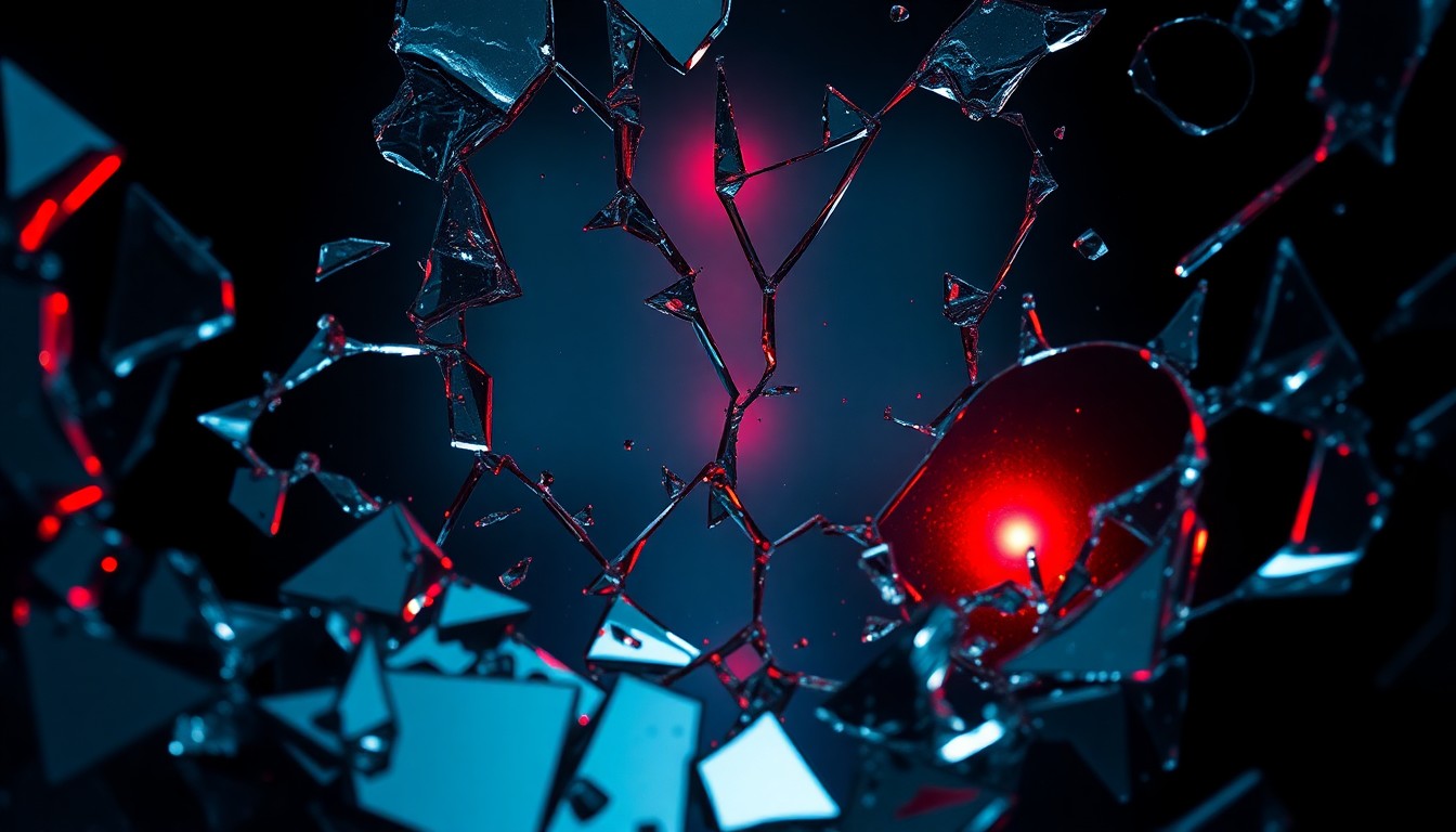 An extreme close-up photograph of shattered glass and mirror fragments reflecting a faint red light, conceptually representing the instability and danger within the storyline.