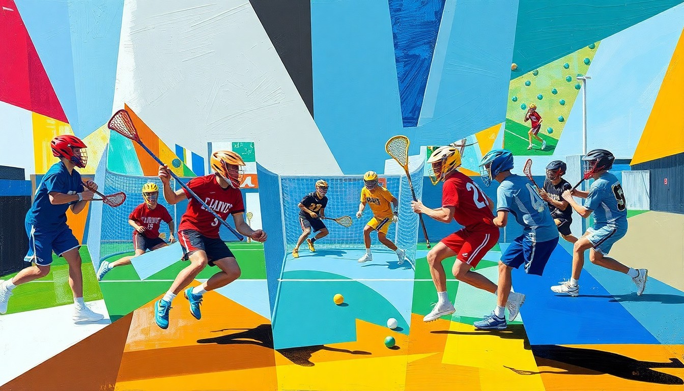 A cubist, geometric painting depicting the chaotic action of a high school lacrosse game, with players and equipment fragmented into overlapping angular shapes and planes in a vibrant color palette.
