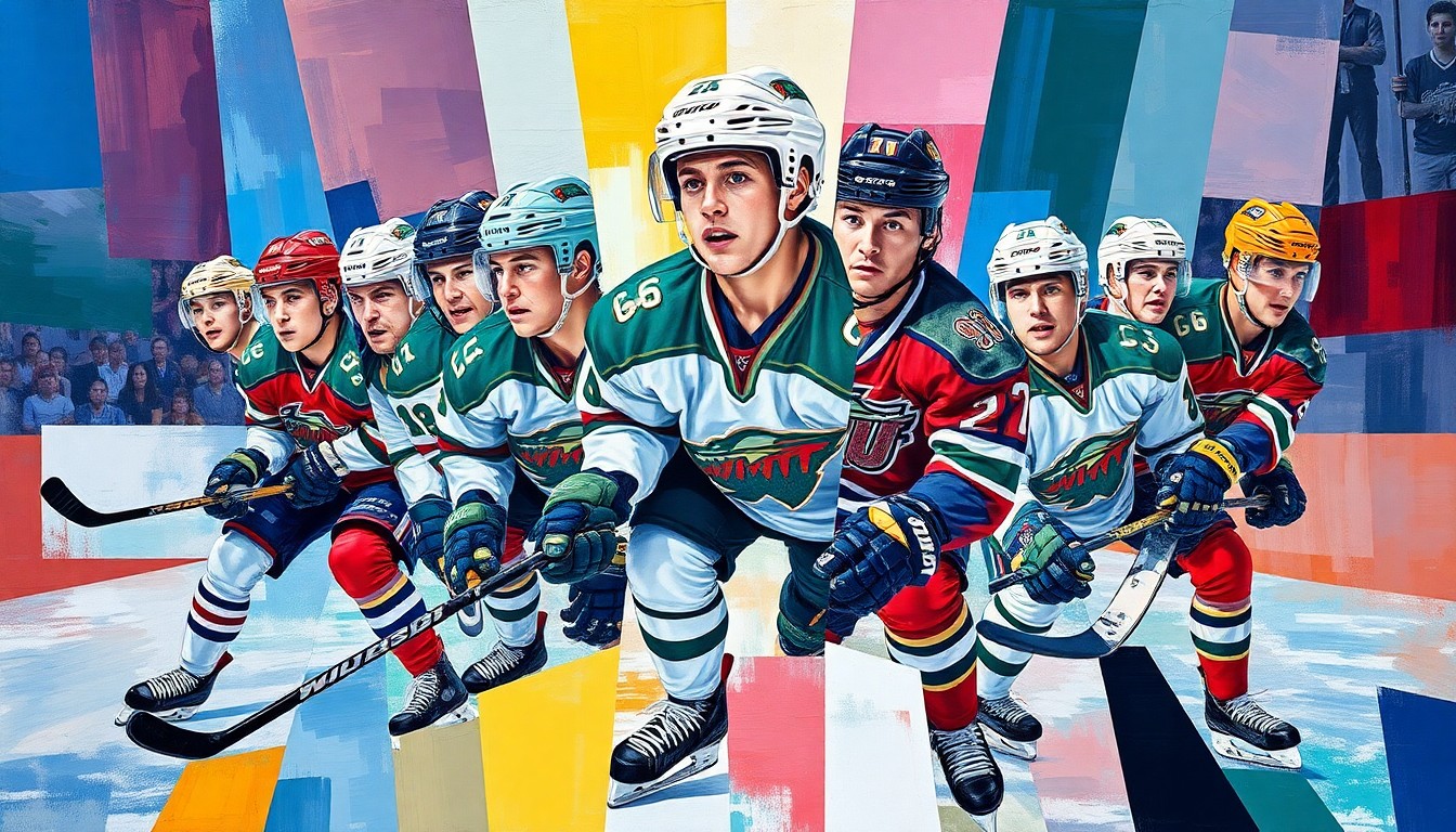 A fragmented, multi-angled painting depicting hockey players in the Wenatchee Wild's uniforms, broken down into sharp, overlapping geometric shapes and planes of vibrant colors.