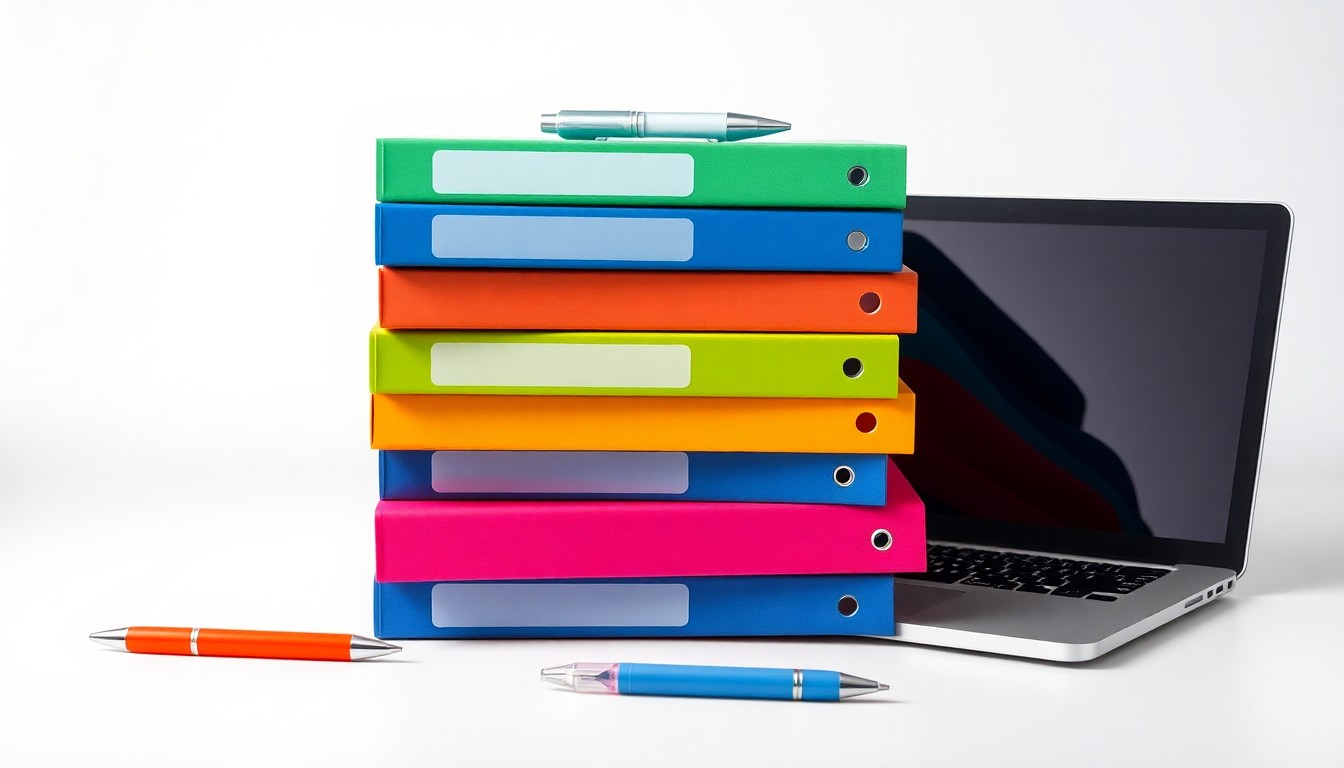 A photorealistic studio still life featuring a stack of colorful binders, a pen, and a laptop computer on a clean white background, symbolizing the data-driven strategic planning process that transformed the Neighborhood Boys & Girls Club.