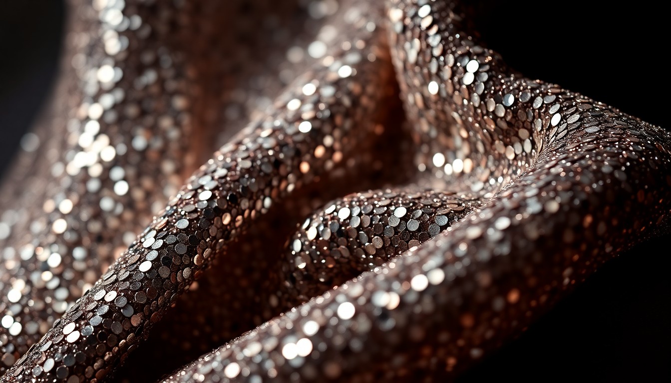An extreme close-up of shimmering, high-contrast fashion textures in dramatic studio lighting, conceptually representing the glamour and style of the iconic film 'The Devil Wears Prada'.