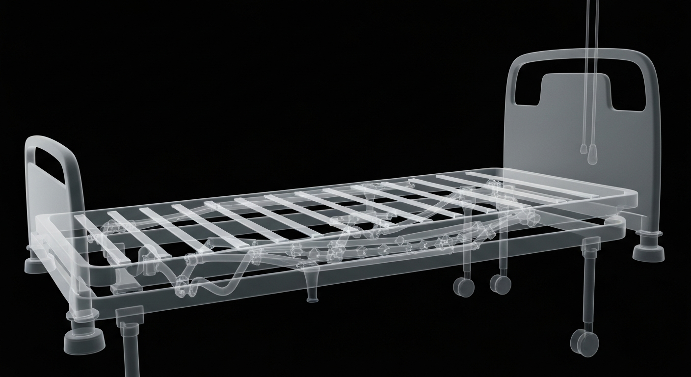 A ghostly, translucent X-ray image of a hospital bed frame, with the intricate internal structure glowing against a dark background, conceptually illustrating the vulnerable state of healthcare facilities facing potential closure.