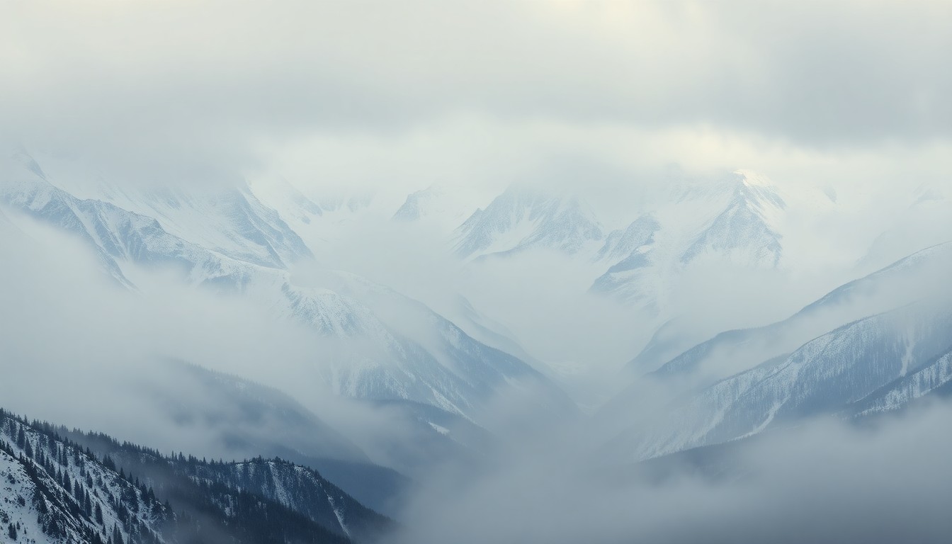 A sweeping, atmospheric landscape painting in muted tones of gray, blue, and white, depicting a snow-covered mountain range partially obscured by heavy fog, conveying a sense of the overwhelming scale and power of Colorado's natural environment.