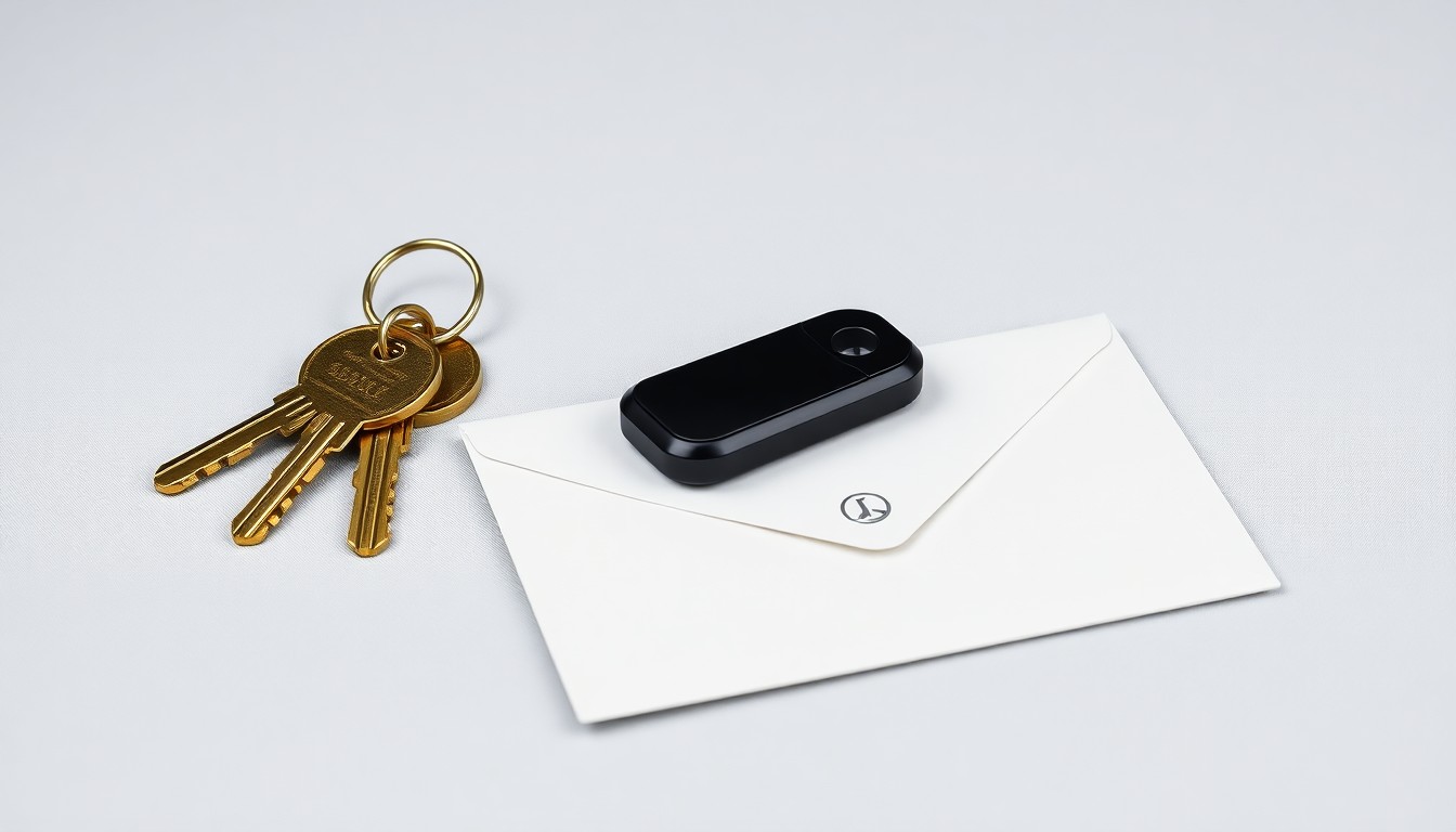 A high-end studio still life photograph featuring a set of polished brass keys, a sleek black security fob, and a crisp white envelope arranged elegantly on a clean, monochromatic background, conceptually representing the professional relationship between building owners and their service staff.