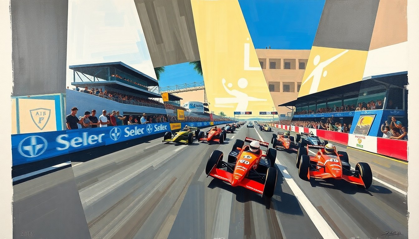 A vibrant, cubist-style painting depicting the chaotic energy of race cars navigating the tight turns of the Long Beach street circuit, with the crowd and cityscape in the background.