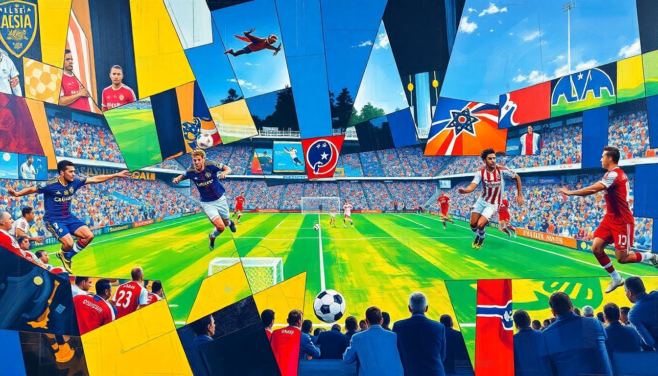 A fractured, cubist-style painting depicting the action of a soccer match between the LA Galaxy and FC Dallas, with the players and field broken down into sharp, overlapping geometric shapes and planes of color.