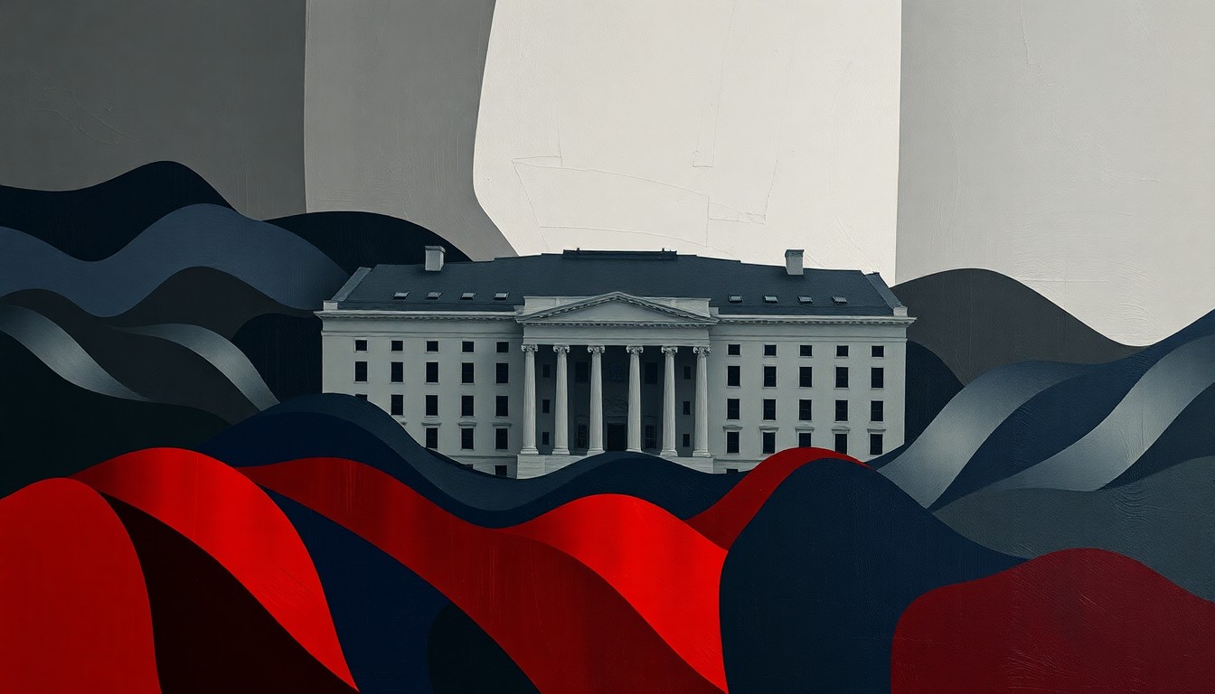 A fractured, geometric painting of a Pentagon building surrounded by overlapping, repeating waves of dark grey, navy blue, and crimson red, conceptually representing the blending of pop culture, violence, and religious rhetoric in an official government setting.