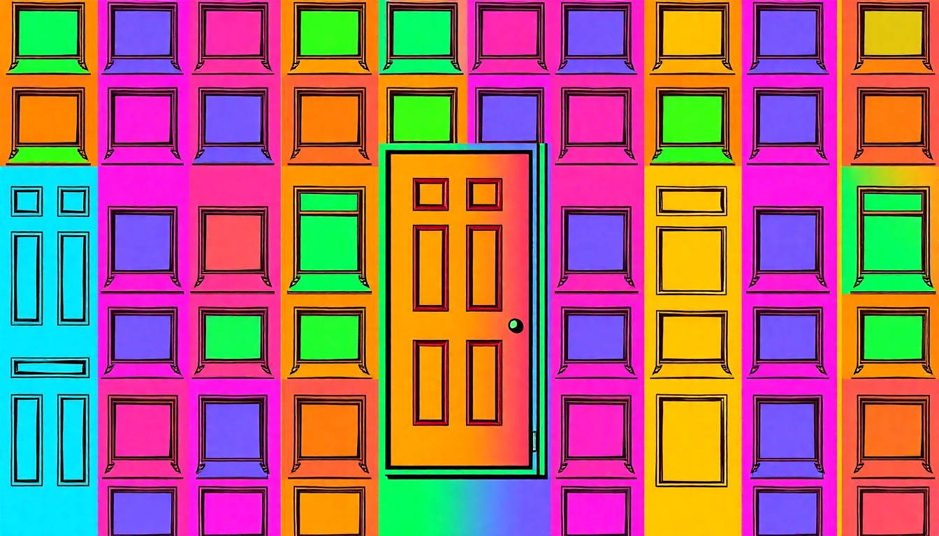 A brightly colored, high-contrast silkscreen print of a single, iconic home exterior object such as a front door or window frame, repeated in a tight grid pattern to create a modern pop art representation of the community's fight against gentrification-driven displacement.