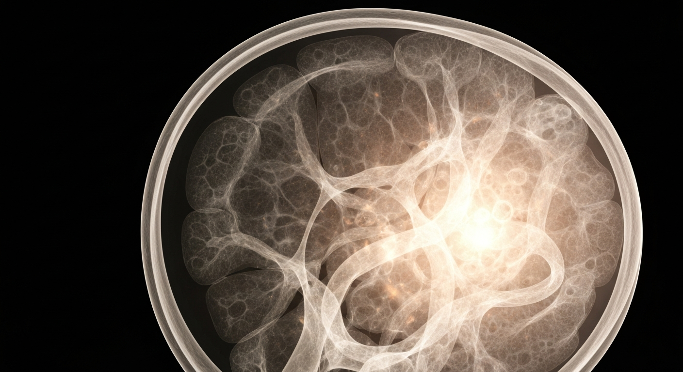 A highly detailed, translucent X-ray-style photograph revealing the intricate internal structures of a melanoma tumor, with glowing, ghostly lines and shapes against a dark background, conceptually representing the advanced science behind mRNA-based cancer therapies.