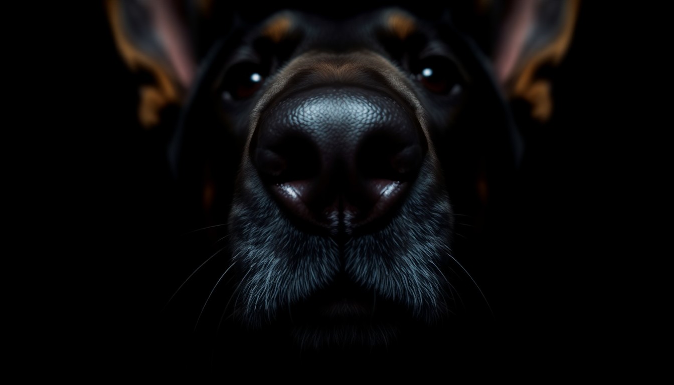 An extreme close-up photograph of a police K-9's nose and muzzle, lit by a harsh, direct camera flash against a pitch-black background, capturing the intense focus and determination of the dog.
