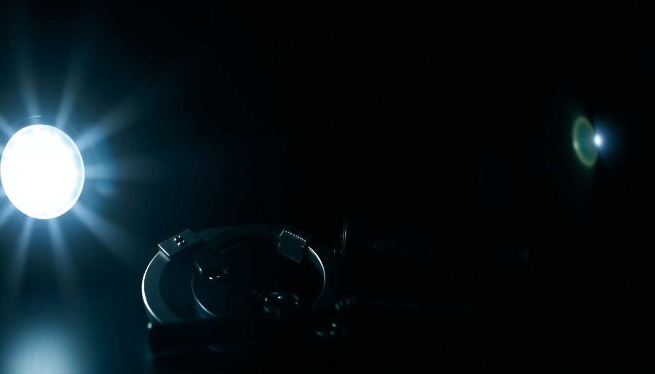 An extreme close-up photograph of a police radio or other tactical equipment, dramatically lit by a harsh flash against a dark background to create a stark, gritty investigative aesthetic.