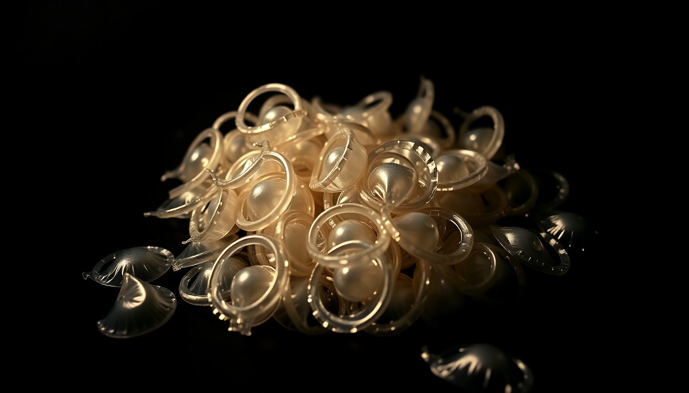 An extreme close-up photograph of a pile of condoms on a dark background, creating a stark, gritty, investigative aesthetic through the use of harsh, direct flash lighting.