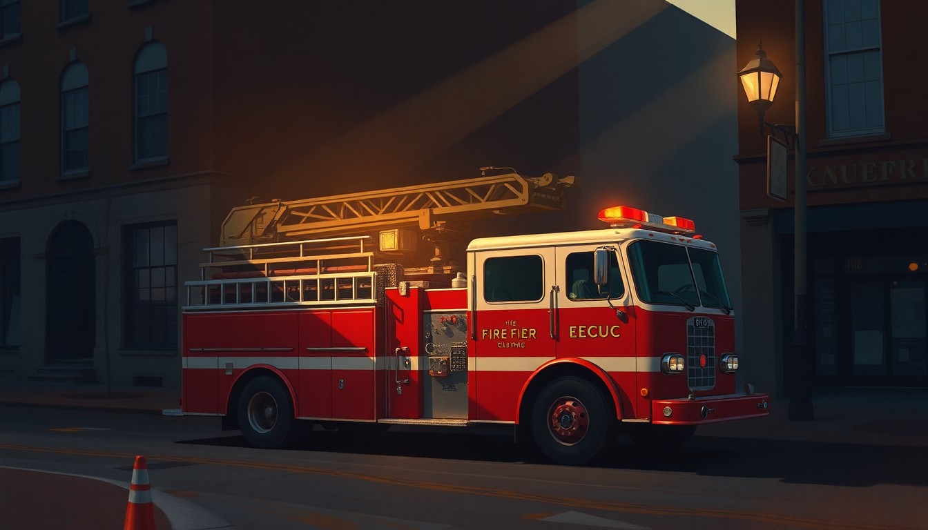 A photorealistic painting of an old red fire engine parked on a city street, with warm sunlight casting long shadows across the pavement and buildings. The scene has a nostalgic, cinematic quality, capturing the timeless essence of municipal public safety.