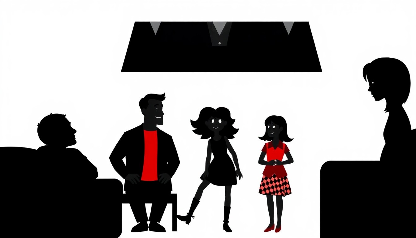 An abstract, minimalist illustration featuring bold, jagged shapes and silhouettes in high-contrast colors, conceptually representing the quirky, middle-class family dynamics of the Malcolm in the Middle revival.