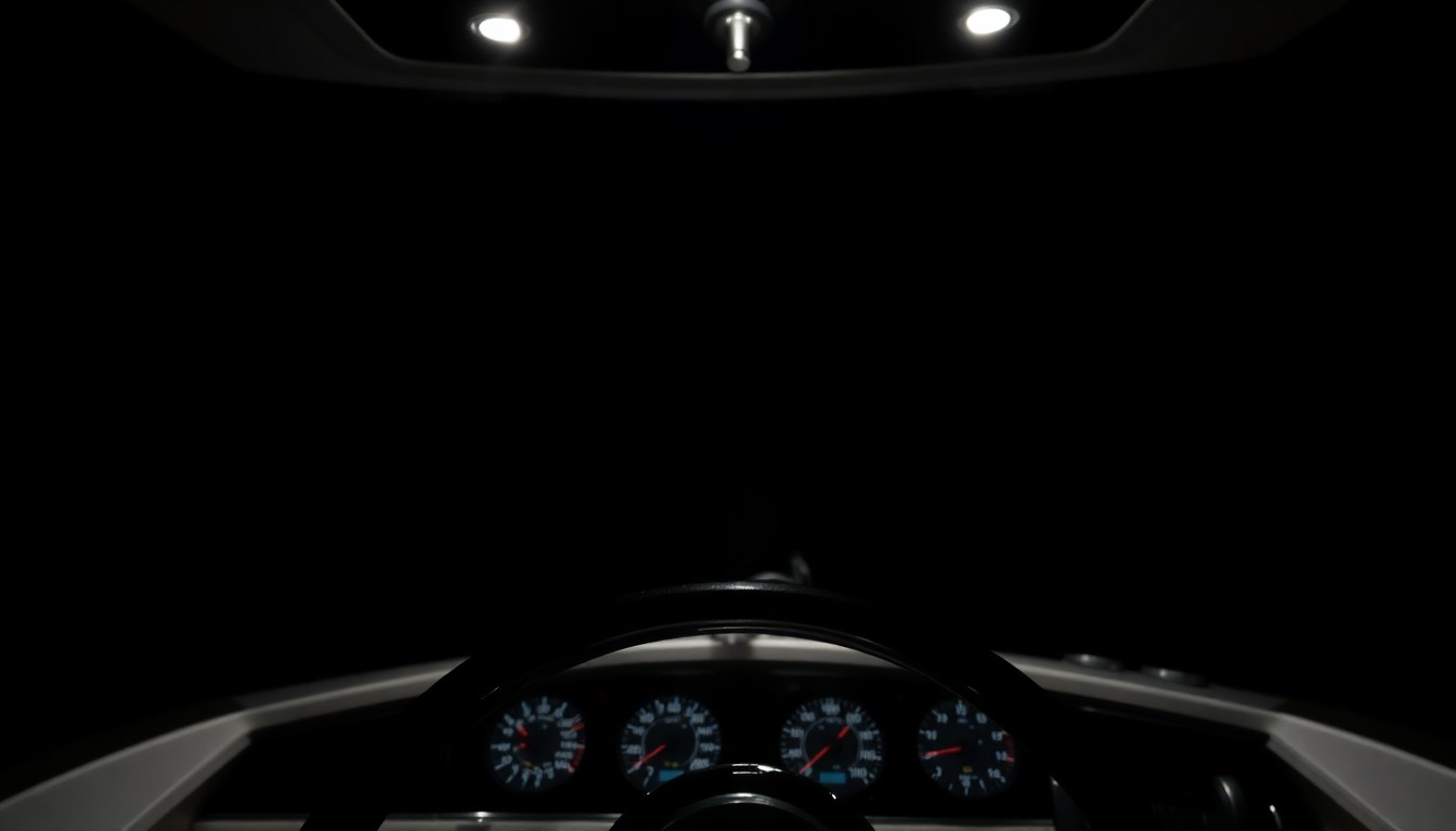 An extreme close-up of a luxury yacht's control panel, with the metal and glass surfaces reflecting the harsh light of a direct camera flash, creating a stark, gritty visual that conceptually represents the investigation into the misuse of the vessel.