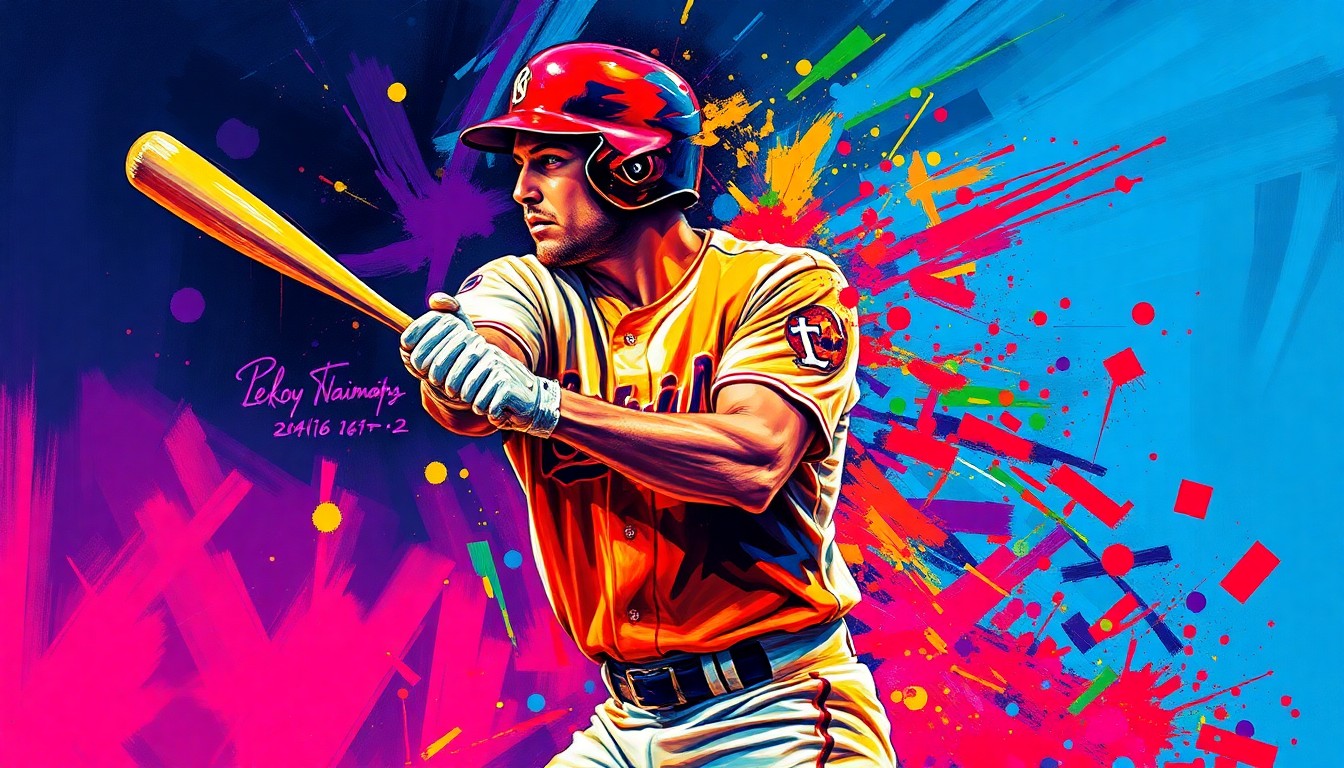 An abstract, expressionist painting featuring vibrant brushstrokes of neon orange, yellow, and blue, capturing the dynamic motion and energy of a baseball player's swing, with the player's face and uniform details obscured into a blur of color.