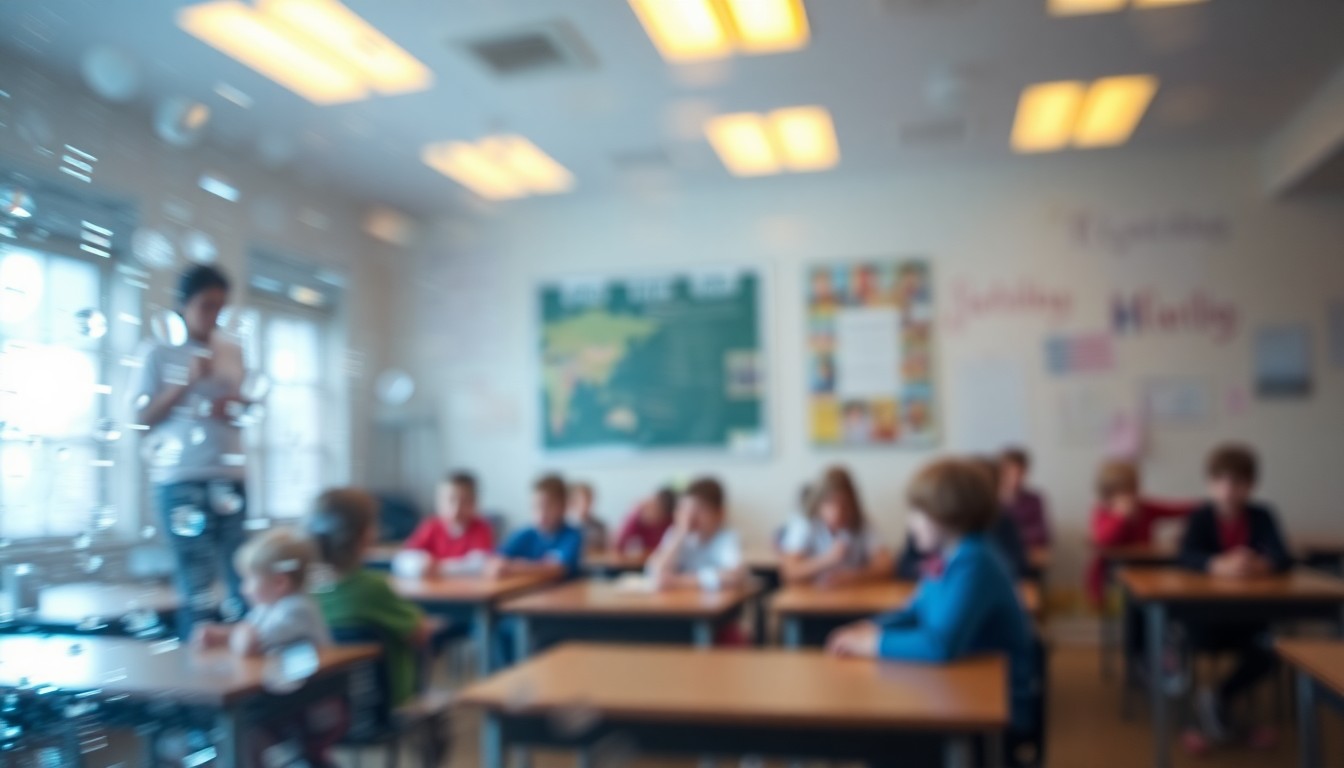 An abstract, impressionistic scene of blurred, out-of-focus figures in a classroom setting, with soft, warm washes of color and light, conceptually representing the importance of providing educational support for students with disabilities.