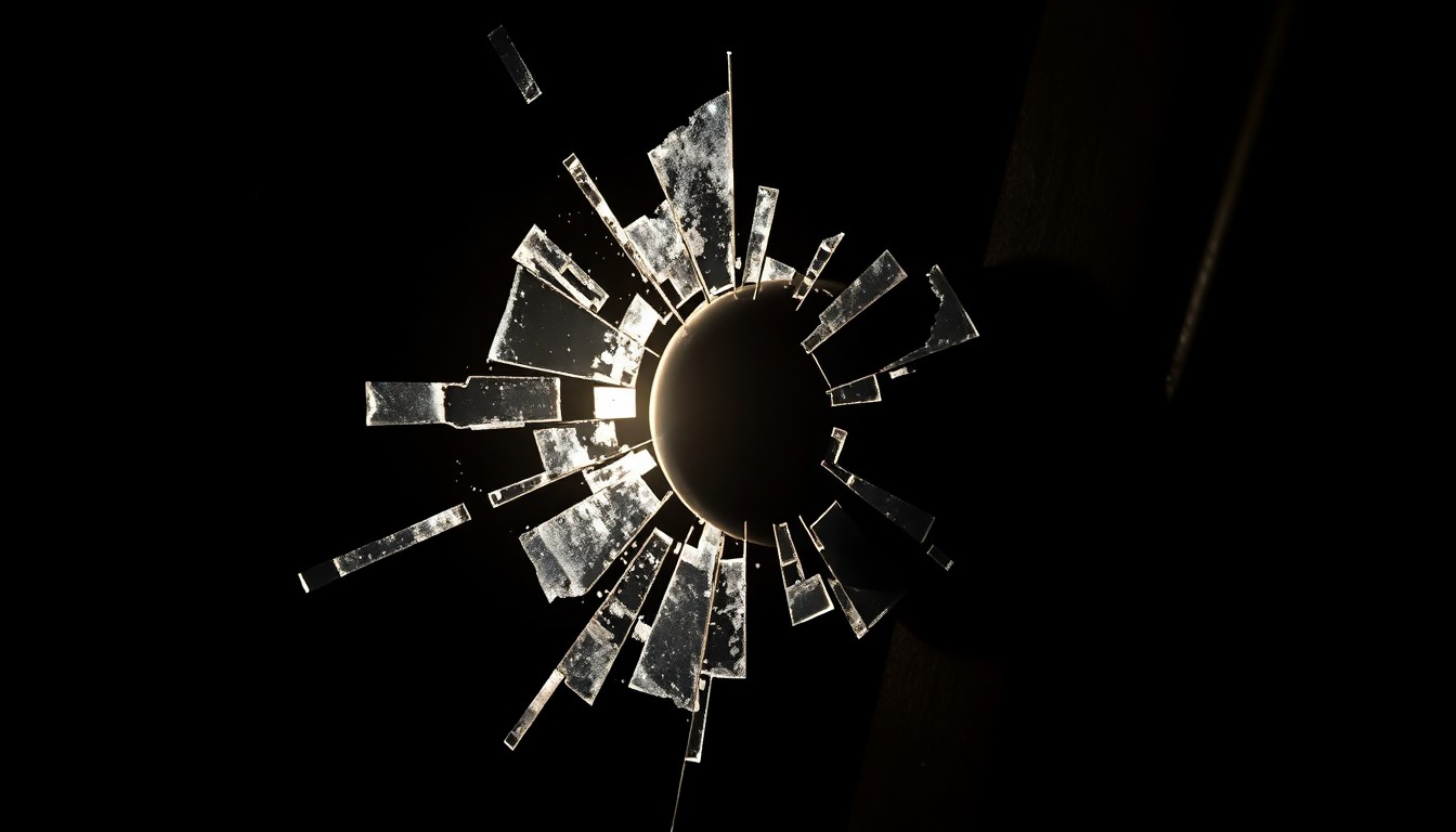 An extreme close-up photograph of a shattered window lock or security sensor, capturing the harsh, gritty details of a crime scene in dramatic lighting.