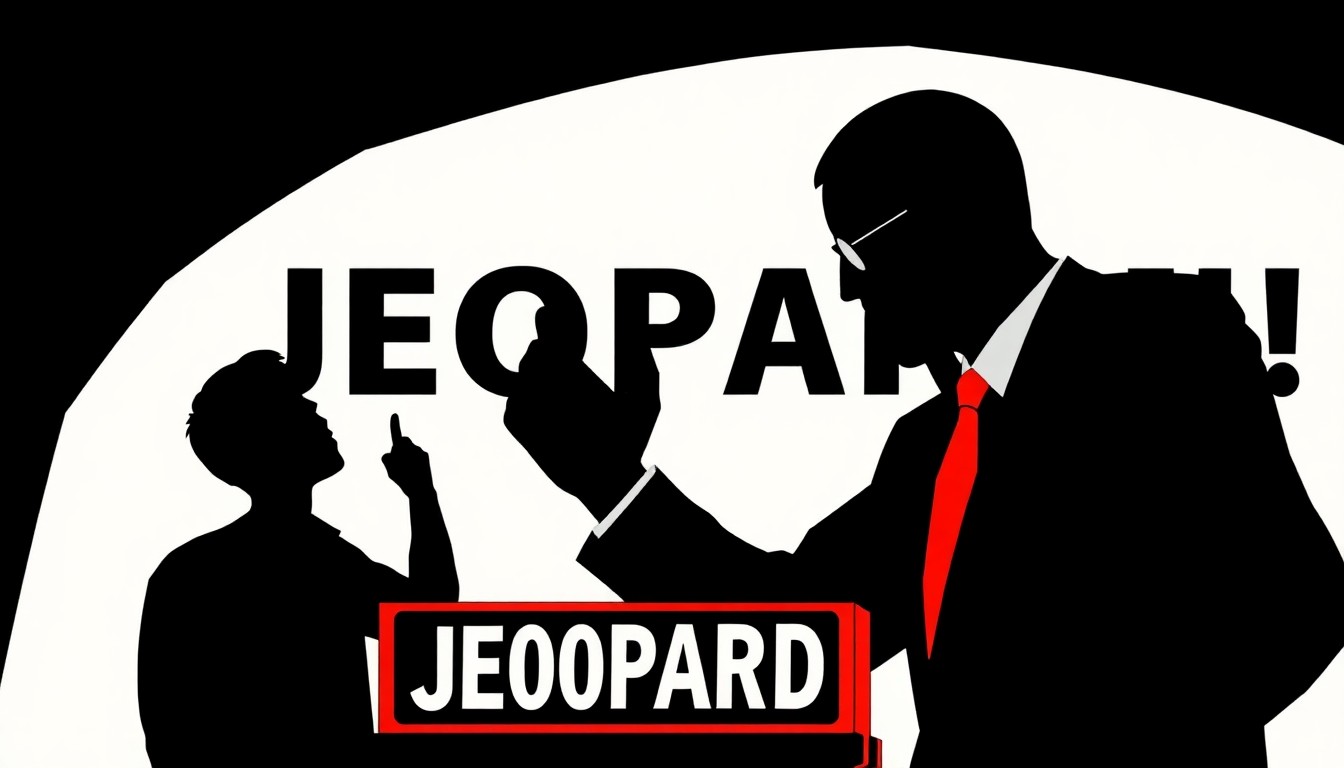 An abstract, minimalist illustration featuring bold, jagged geometric shapes in high-contrast red and white, conceptually representing the idea of a Jeopardy! contestant on a winning streak.