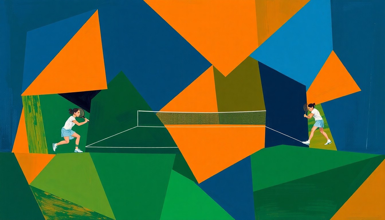 A cubist, geometric painting in navy, green, and orange hues, breaking down a college tennis match into sharp, overlapping planes to capture the dynamic energy of the competition.