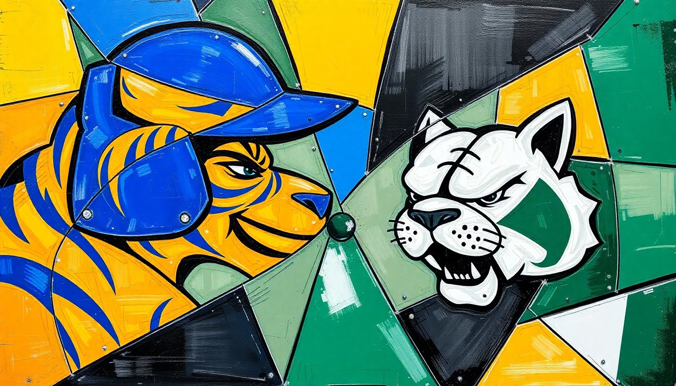 A fractured, geometric painting in bold colors representing the action and intensity of a high school softball game between two rival teams.