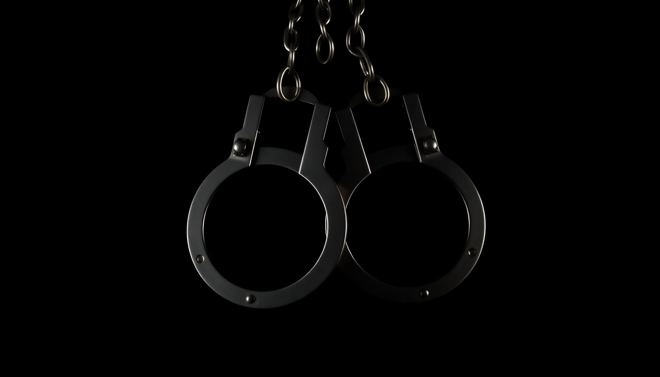 An extreme close-up of a pair of metal handcuffs against a stark black background, creating a gritty, investigative aesthetic through the use of harsh, direct flash lighting.