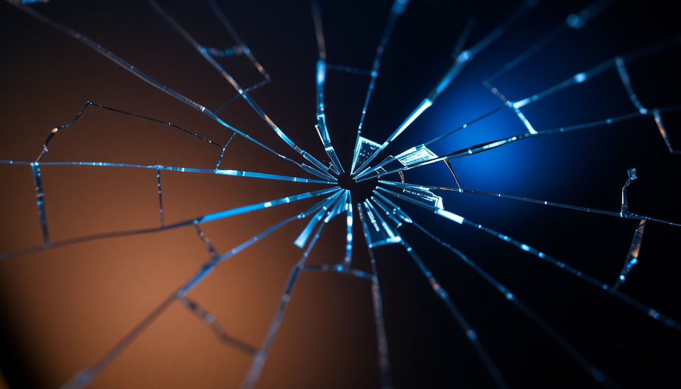An extreme close-up photograph of a shattered smartphone screen, the cracked glass reflecting a faint blue light, conceptually representing the violation of a child's digital safety.