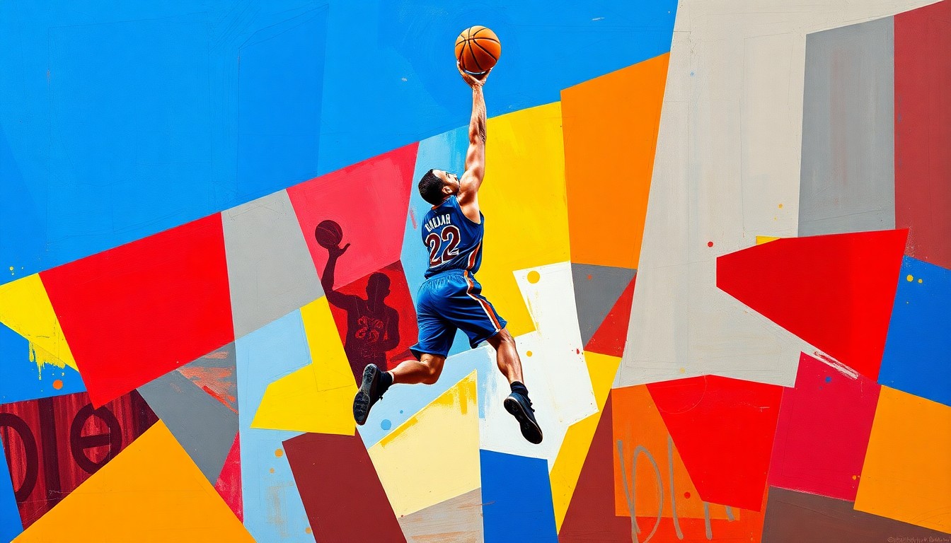 A fragmented, geometric painting in bold colors depicting a basketball player in mid-jump shot, their form broken down into sharp, overlapping planes.
