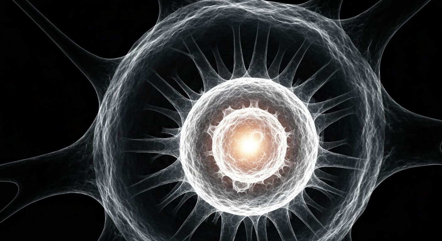 An extreme close-up, translucent X-ray image showing the glowing, ghostly internal structures of a cancer cell against a dark, shadowy background, conveying the complex and delicate nature of cancer biology.