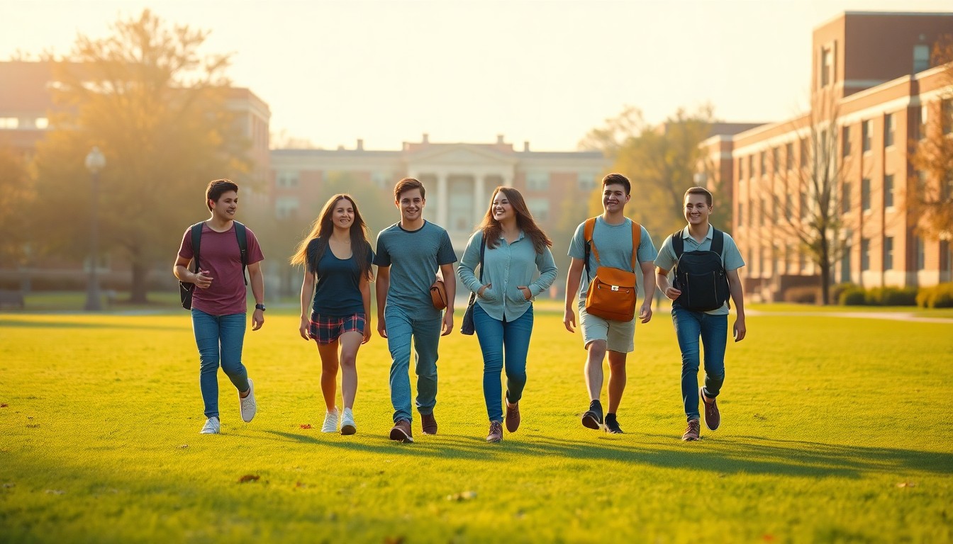 An abstracted, out-of-focus photograph in warm, hazy tones depicting a group of high school students walking together on a campus lawn, celebrating their academic success.