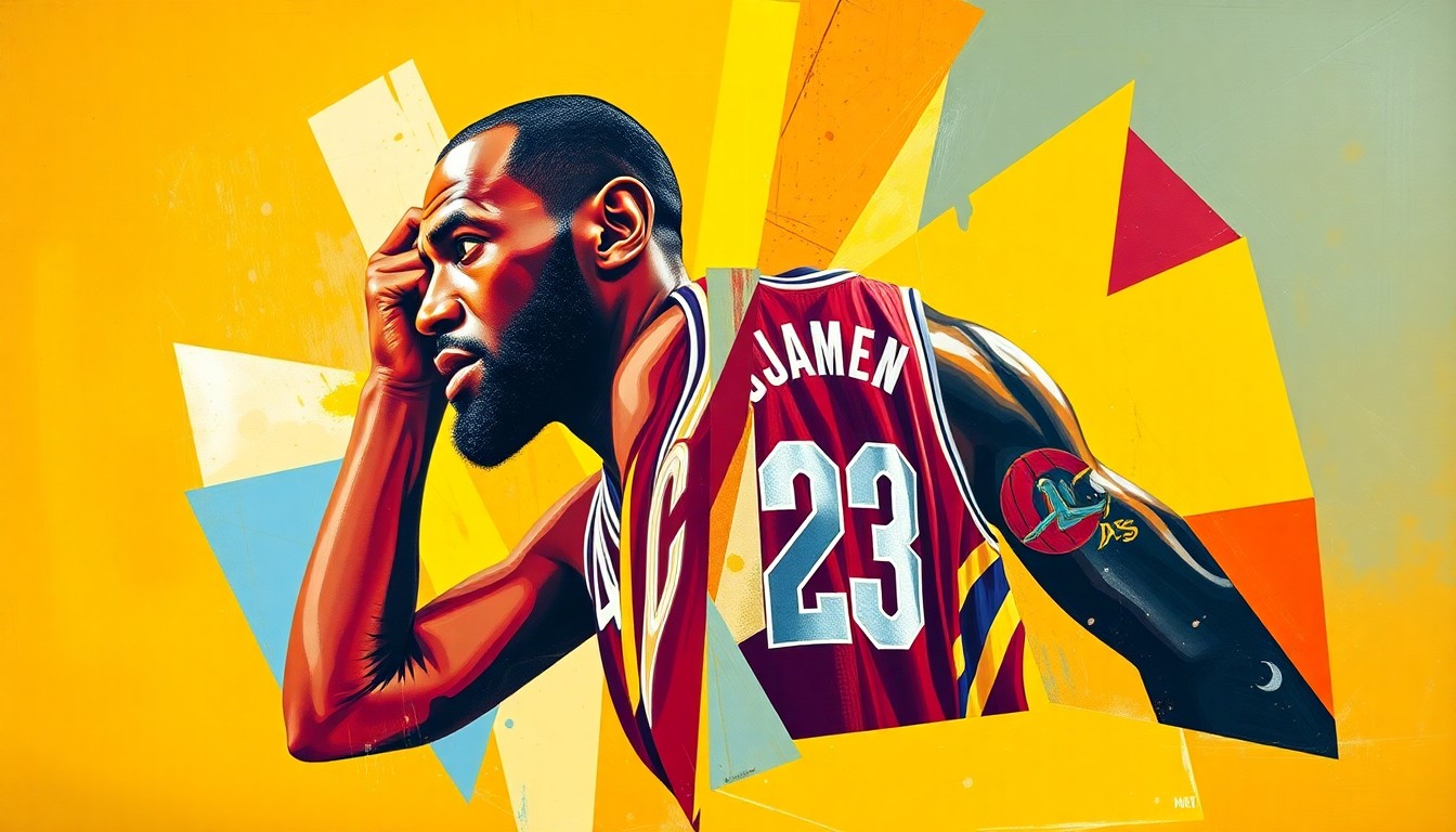 A fragmented, geometric painting in the style of Pablo Picasso, featuring overlapping planes of vibrant colors representing LeBron James' basketball uniforms and the number '23'. The artwork captures the multifaceted nature of his illustrious career as he weighs retirement.