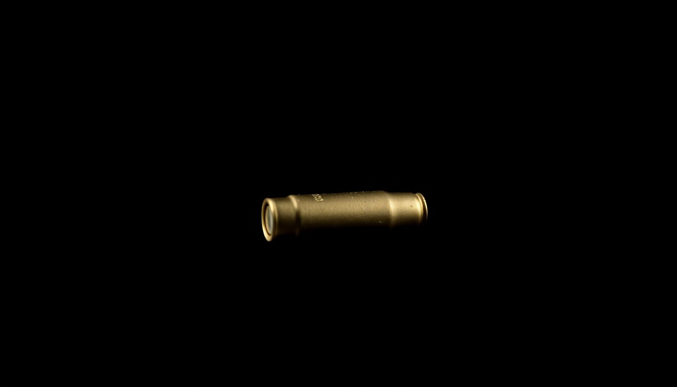 An extreme close-up of a single spent bullet casing against a pitch-black background, the harsh flash creating dramatic shadows and textures that convey the serious, investigative nature of the crime.