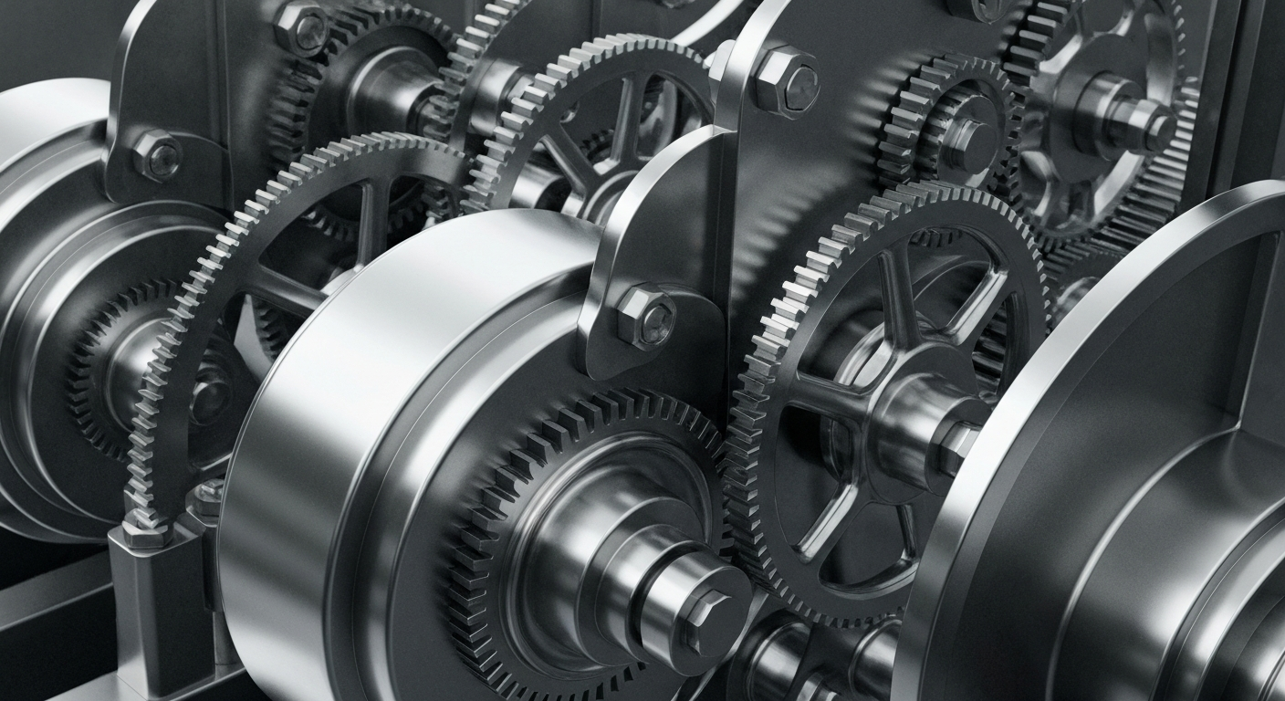 An extreme close-up of heavy, intricately geared banking machinery, conveying the industrial power and security of financial institutions in a visually striking, non-literal way.