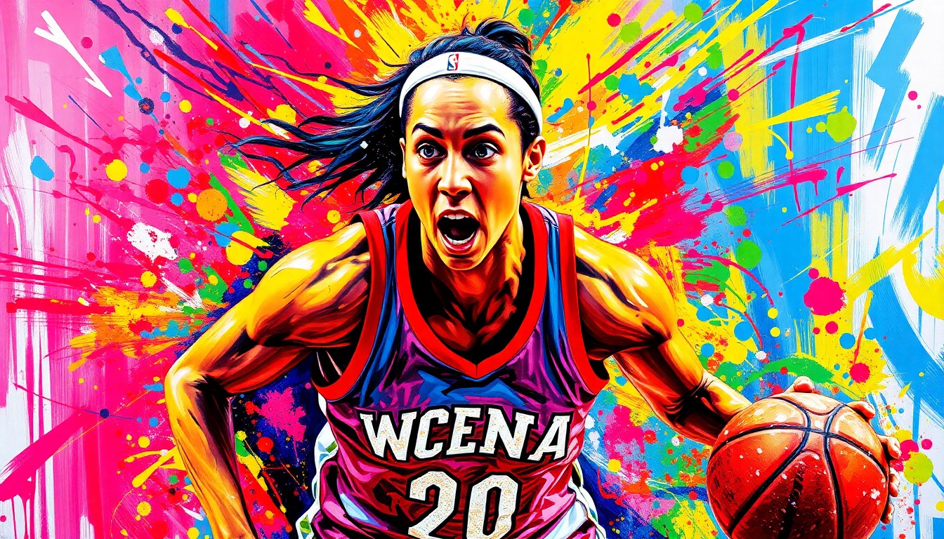 An abstract, expressionist painting in vibrant neon colors capturing the raw energy and powerful movements of a WNBA basketball player, their face and jersey details dissolving into unrecognizable splatters of paint.