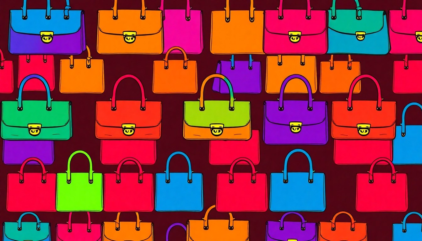 A brightly colored, high-contrast silkscreen print of a stylized handbag repeated in a tight grid pattern, representing the custom hand-painted designs that will be offered at the 'In Bloom' event, conceptually illustrating the fusion of high-end fashion and charitable giving.