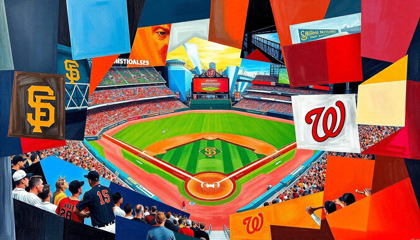 A cubist, geometric painting depicting a baseball game between the San Francisco Giants and Washington Nationals, with sharp, overlapping shapes and planes in the teams' official colors, capturing the dynamic energy of the matchup.
