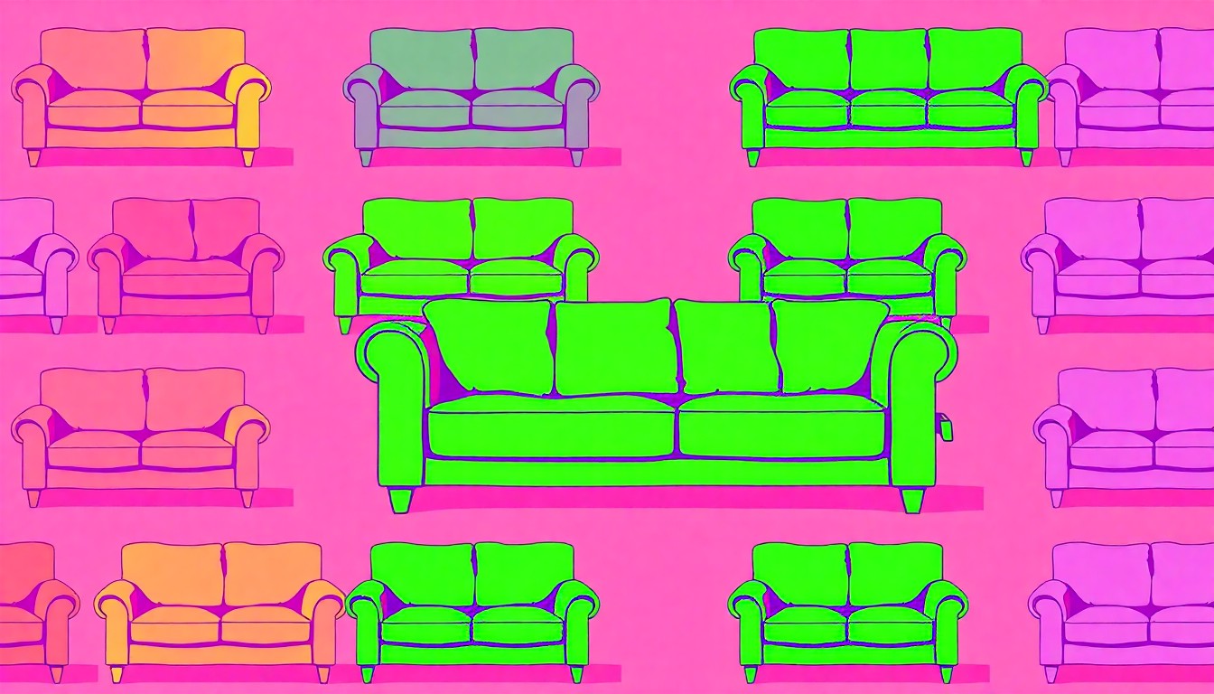 A brightly colored, high-contrast silkscreen print of a single, iconic living room sofa object repeated in a tight grid pattern, utilizing flat, vibrant, and unnatural neon color palettes overlapping with heavy black photographic outlines to turn an everyday furniture item into modern pop art.