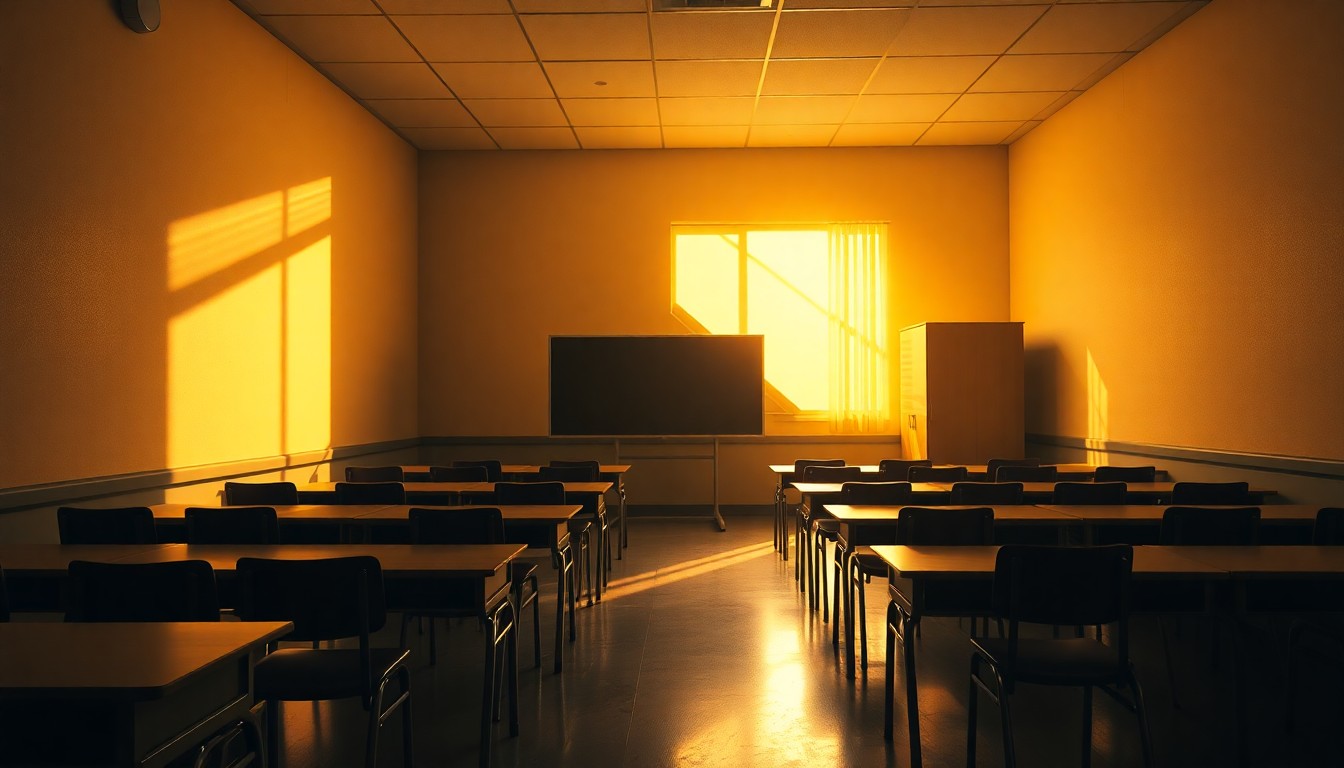 An empty classroom with desks and chairs in warm, cinematic lighting, conveying a sense of lost educational opportunity.