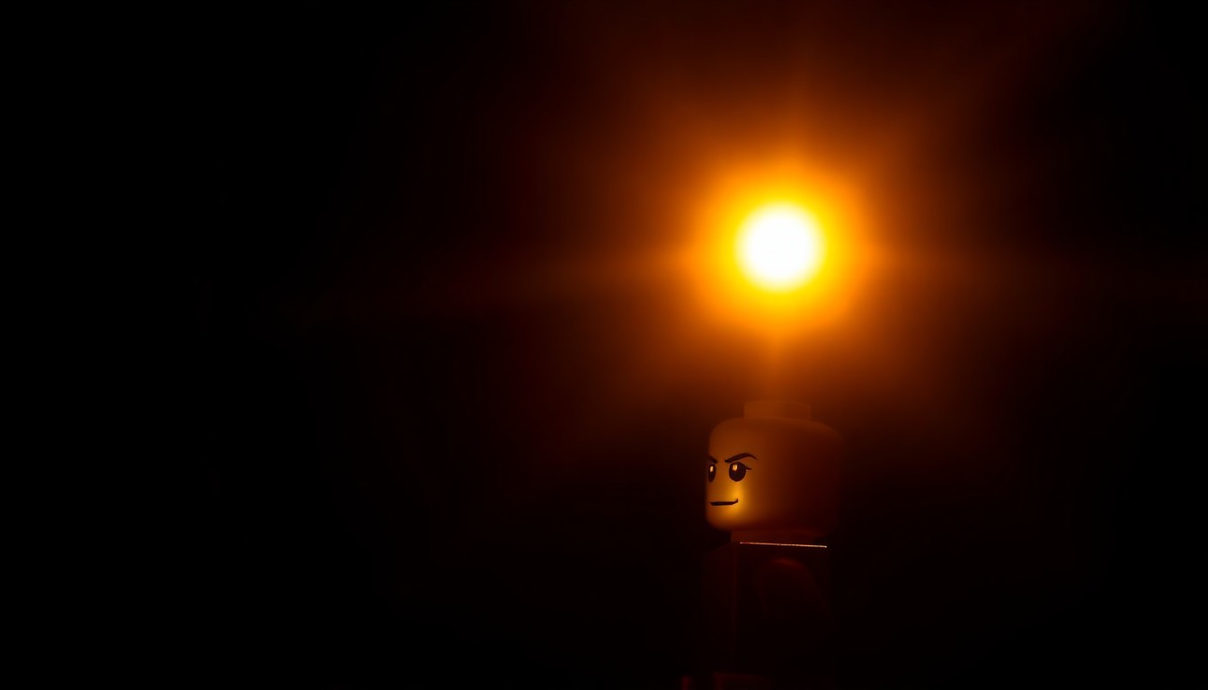 An extreme close-up photograph of a Lego minifigure part, such as a head or torso, lit by a harsh, direct camera flash against a pitch-black background, conceptually representing the investigation into a series of Lego thefts.