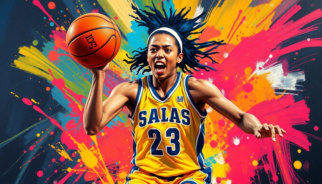An abstract, energetic painting featuring vibrant brushstrokes of neon colors that capture the dynamic movement and athleticism of a basketball player, conceptually representing the arrival of Satou Sabally to the New York Liberty.
