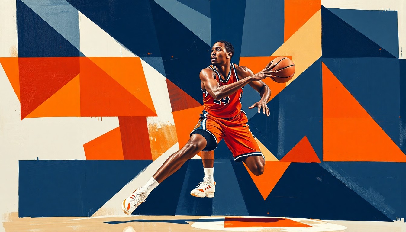 A cubist-style painting depicting the fragmented movements and physicality of a basketball player, rendered in sharp, overlapping geometric shapes and planes in shades of orange, navy, and white.