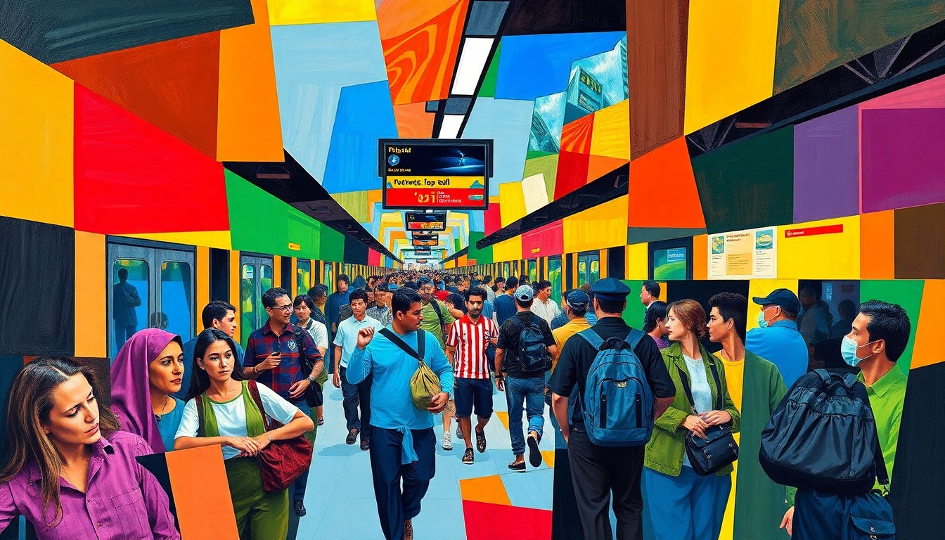 A fragmented, cubist-style painting depicting a chaotic train platform scene, with geometric shapes and planes of bright colors representing the rush of soccer fans trying to reach a World Cup venue.