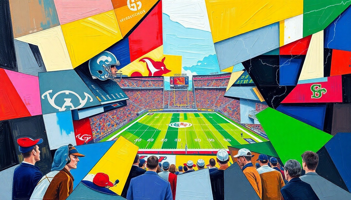 A cubist, geometric painting depicting an abstract college football game, with sharp, overlapping planes of color representing the teams' official palettes.
