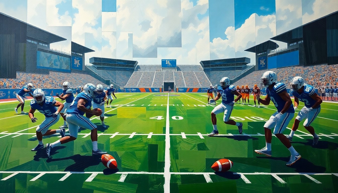 A cubist-style painting featuring fragmented, geometric shapes representing players, footballs, and field lines, conveying the dynamic energy of a Kentucky football practice session.