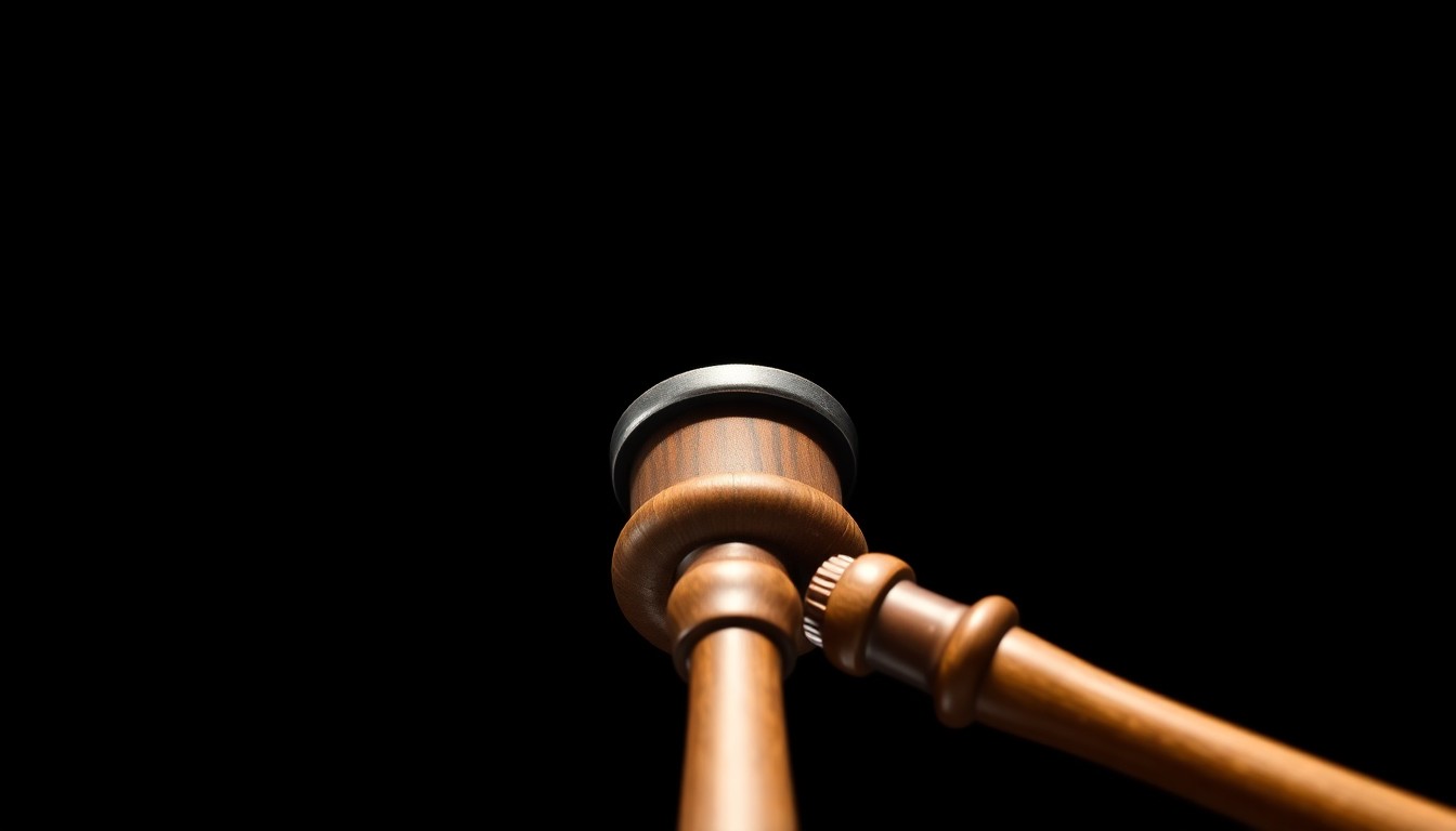 An extreme close-up photograph of a wooden gavel with metallic accents, sharply lit by a harsh, direct camera flash against a pitch-black background, conveying a sense of authority and gravity.