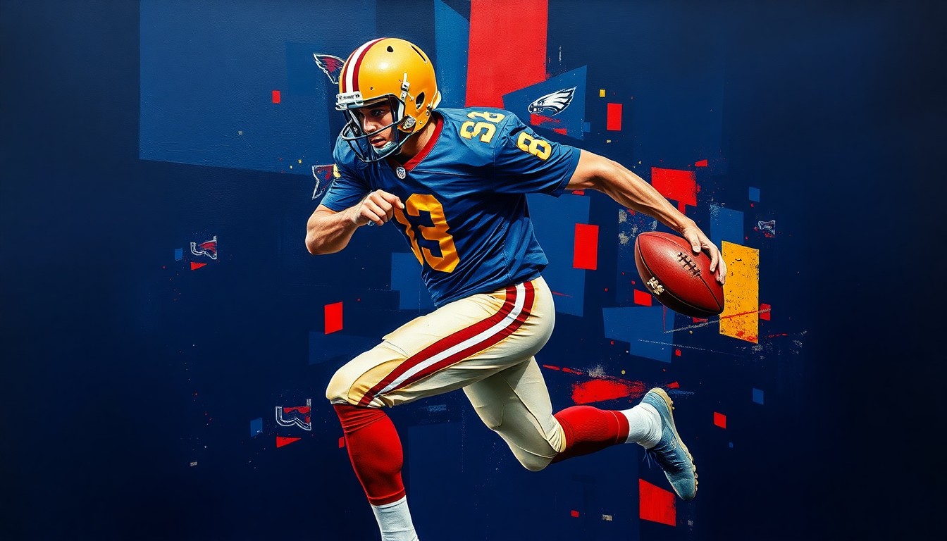 A cubist-style painting depicting a football player in mid-motion, with their body broken down into sharp, overlapping geometric shapes in navy blue, gold, and crimson red, conveying the competitive nature of college football recruiting.