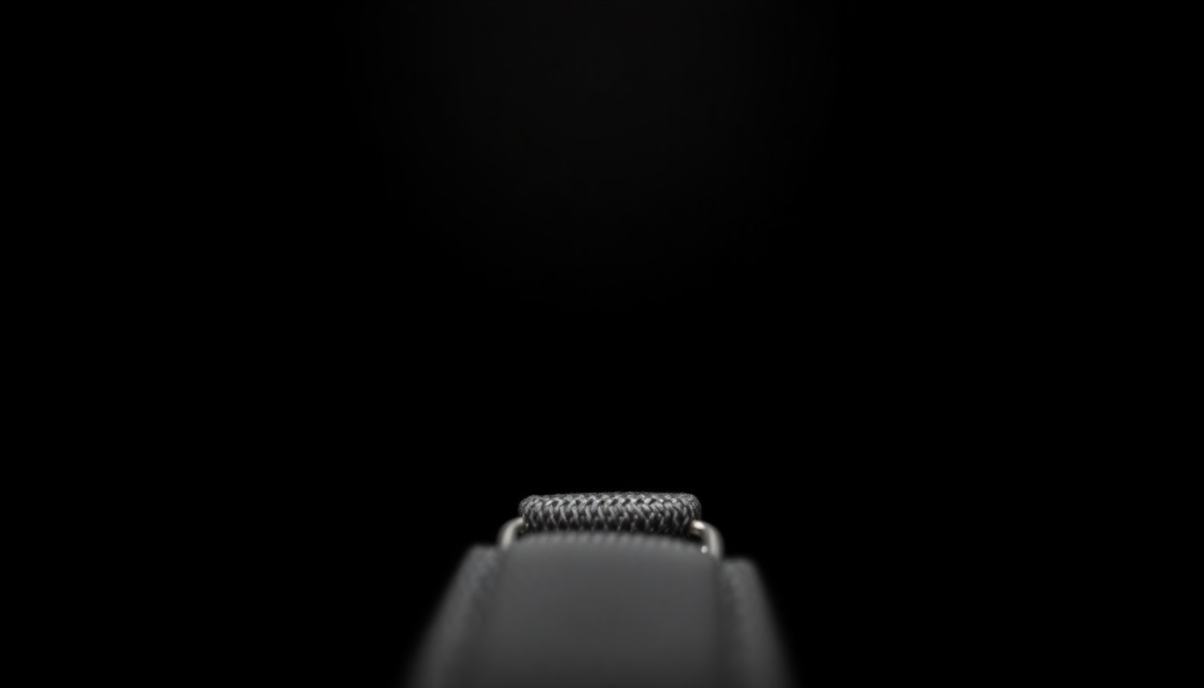 An extreme close-up photograph of a dog collar or leash against a pitch-black background, lit by a harsh, direct camera flash to create a stark, gritty, investigative aesthetic, conceptually representing the investigation into a scam targeting a family searching for their missing pet.