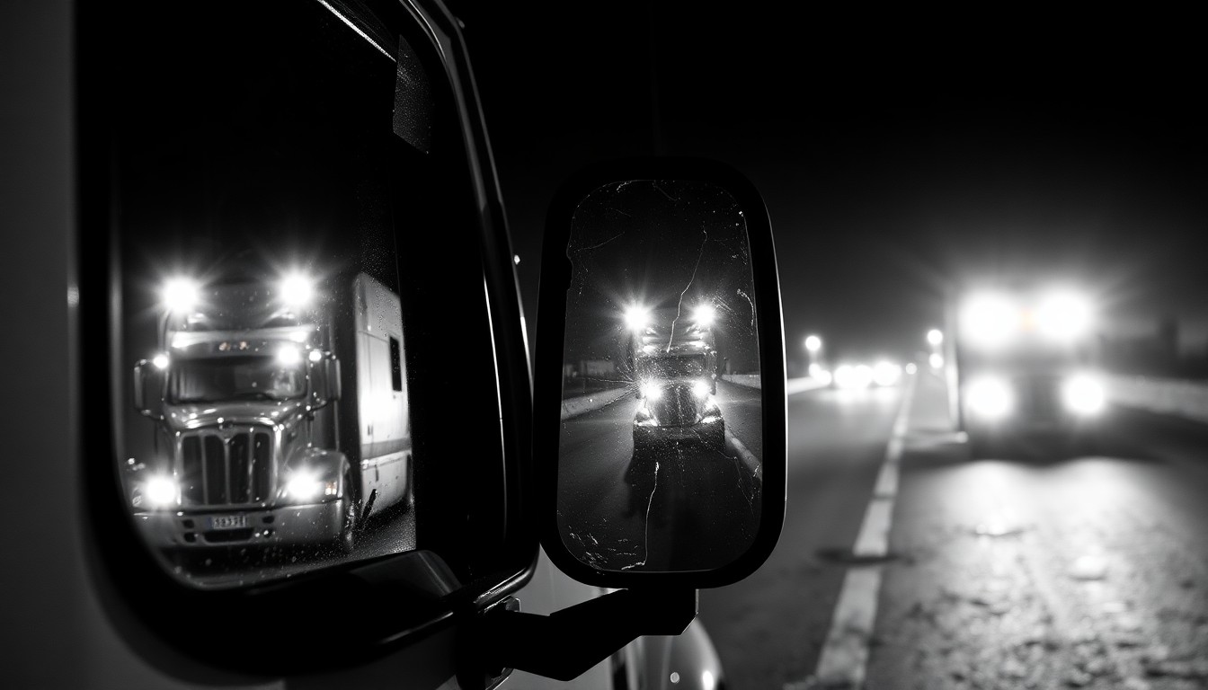 An extreme close-up photograph of a damaged semi-truck side mirror reflecting the flashing lights of emergency vehicles, captured in stark, gritty black and white with a harsh camera flash, conceptually illustrating the sudden and serious nature of a highway crash.